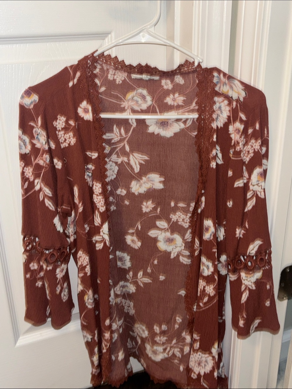 Floral Lace-Trim Open Front Kimono Cardigan - Mauve Floral